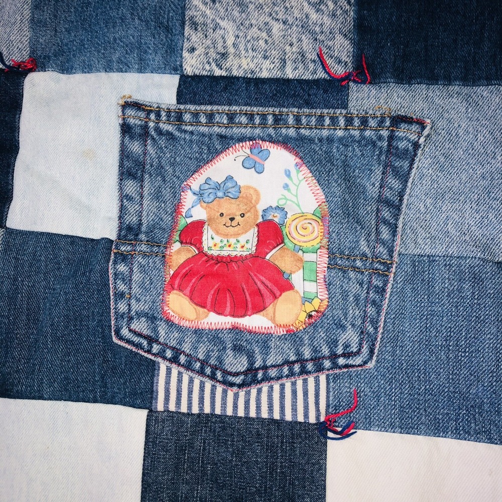VTG Rag Denim Jean Baby Quilt Blanket 2 Sided Bears Flower Upcycled Handmade
